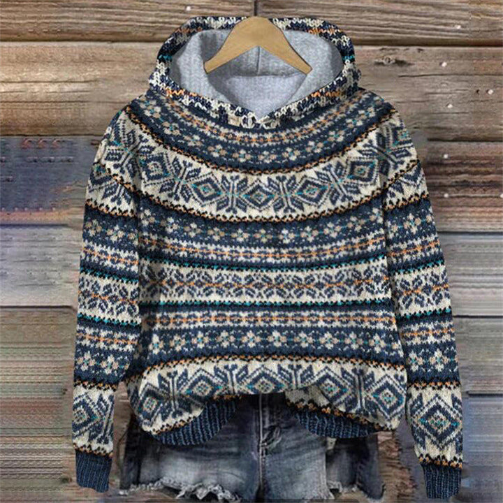 Hoodie with Norwegian Pattern - Knit Sweater with Hood
