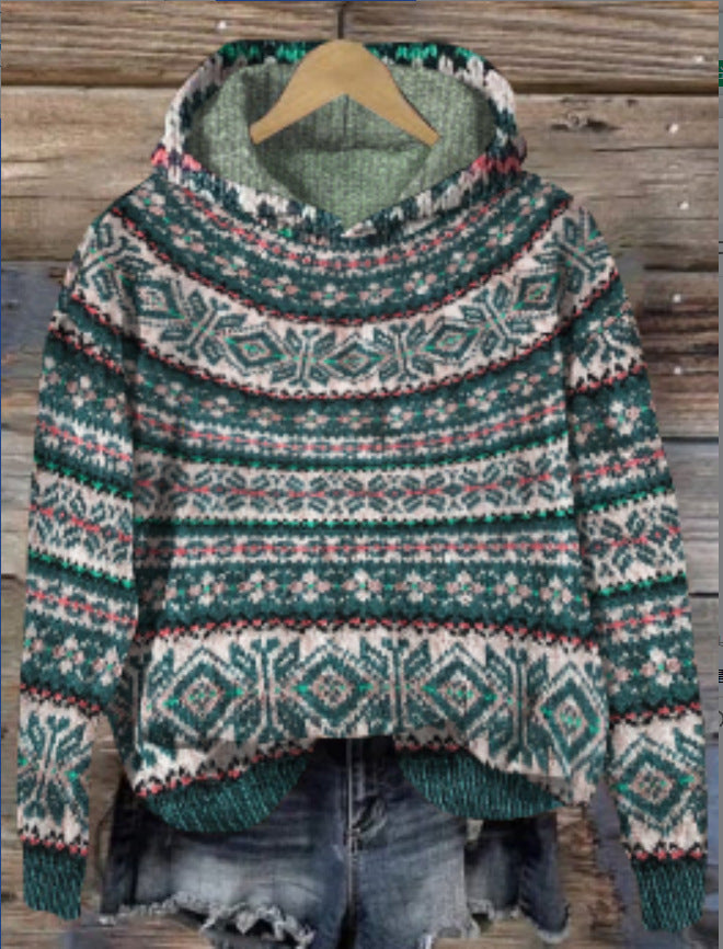 Hoodie with Norwegian Pattern - Knit Sweater with Hood
