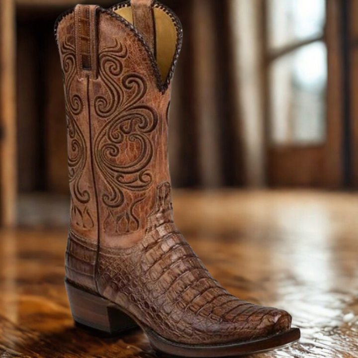 Western Boots - Embossed Leather with Block Heel