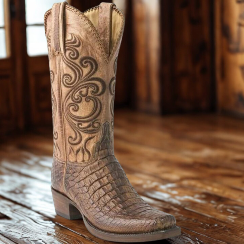 Western Boots - Embossed Leather with Block Heel