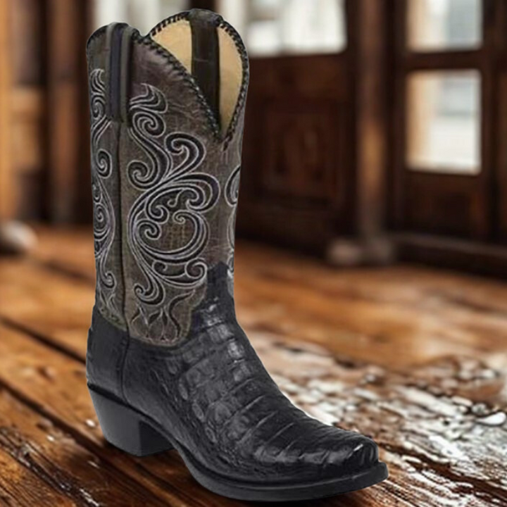 Western Boots - Embossed Leather with Block Heel