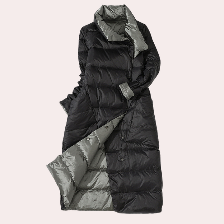 Women's Long Winter Jacket made of Down with High Collar