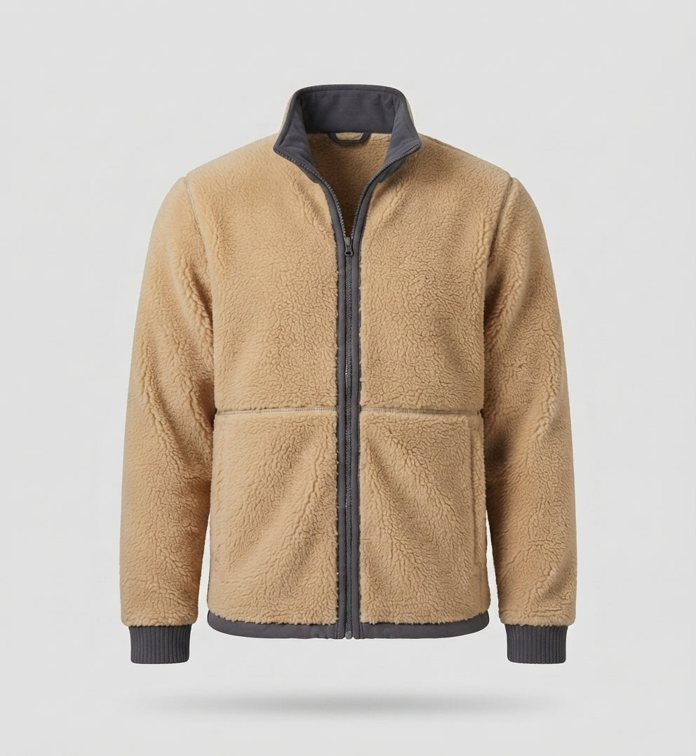 Men's Thermo Fleece Jacket with Sherpa Lining, High Stand-up Collar and Concealed Zipper Pockets