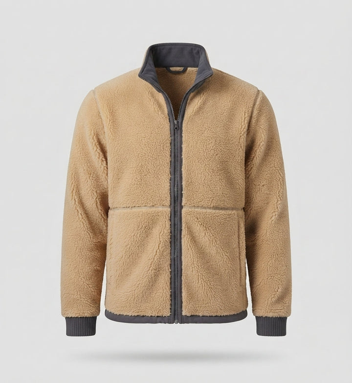 Men's Thermo Fleece Jacket with Sherpa Lining, High Stand-up Collar and Concealed Zipper Pockets