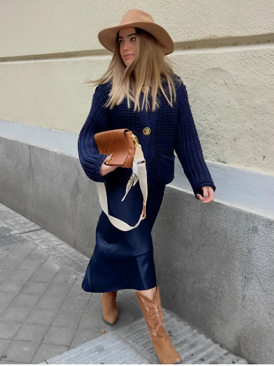 Women's Knit Cardigan with Gold Buttons and Front Pockets in a Light Design