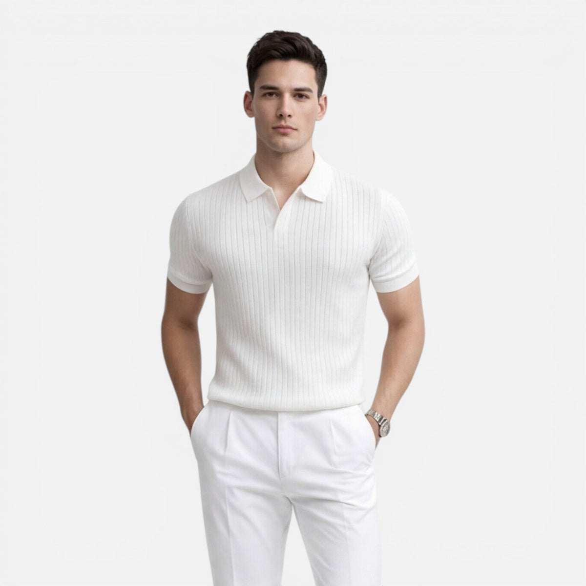Men’s Ribbed Knit Polo Shirt Premium Cotton Slim Fit