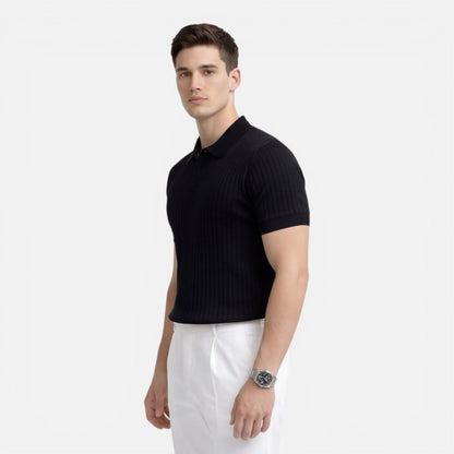 Men’s Ribbed Knit Polo Shirt Premium Cotton Slim Fit