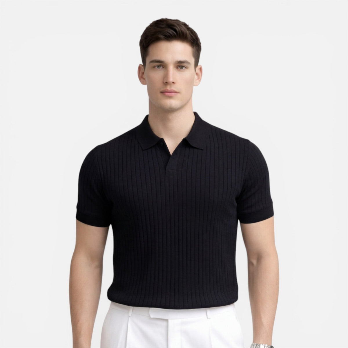 Men’s Ribbed Knit Polo Shirt Premium Cotton Slim Fit