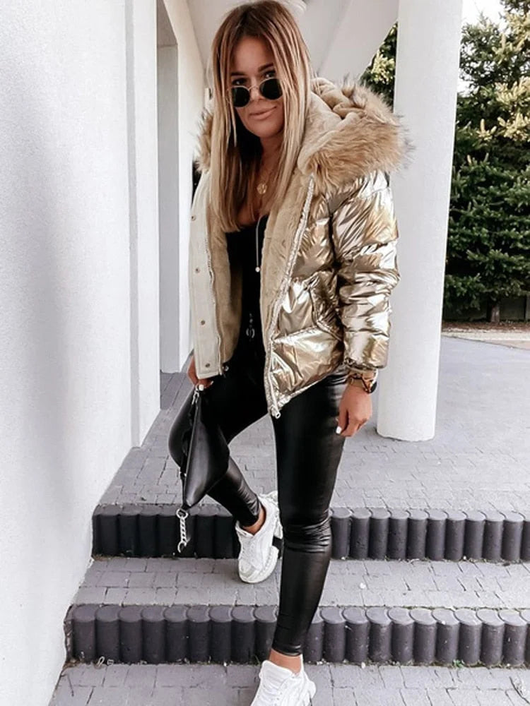 Women's Metallic Puffer Jacket with Hood and Fur Collar