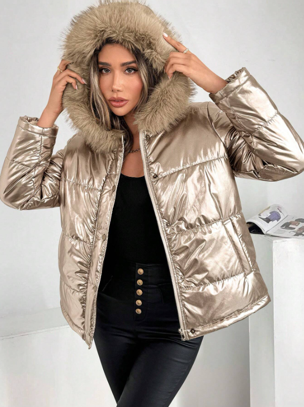 Women's Metallic Puffer Jacket with Hood and Fur Collar