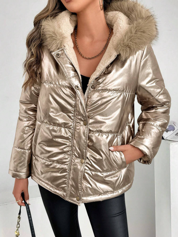 Women's Metallic Puffer Jacket with Hood and Fur Collar
