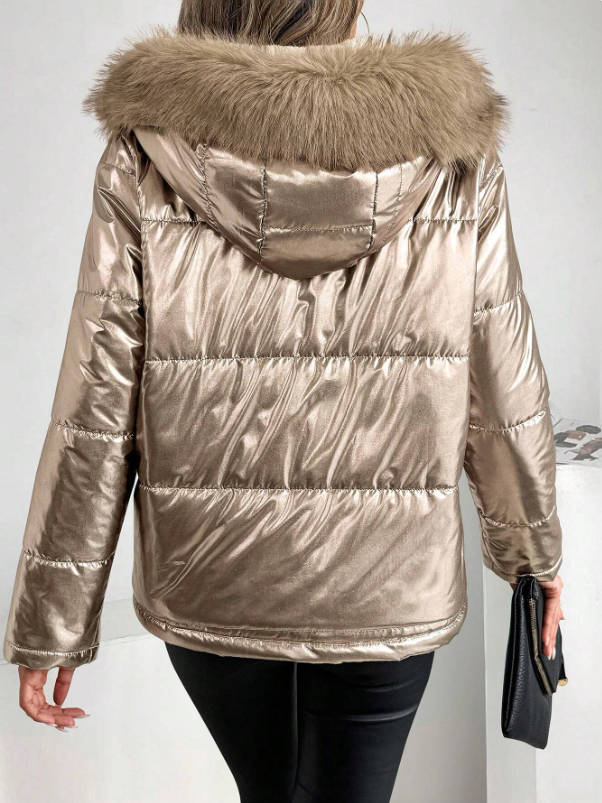 Women's Metallic Puffer Jacket with Hood and Fur Collar
