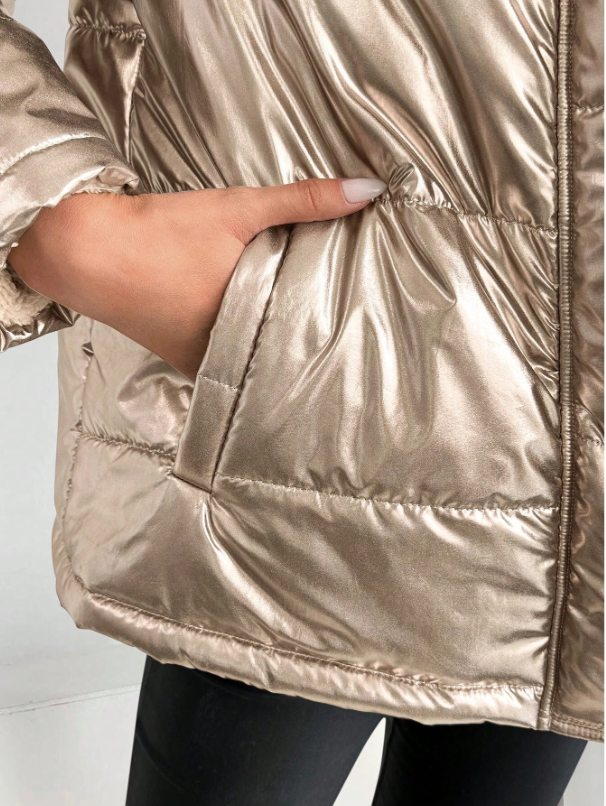 Women's Metallic Puffer Jacket with Hood and Fur Collar