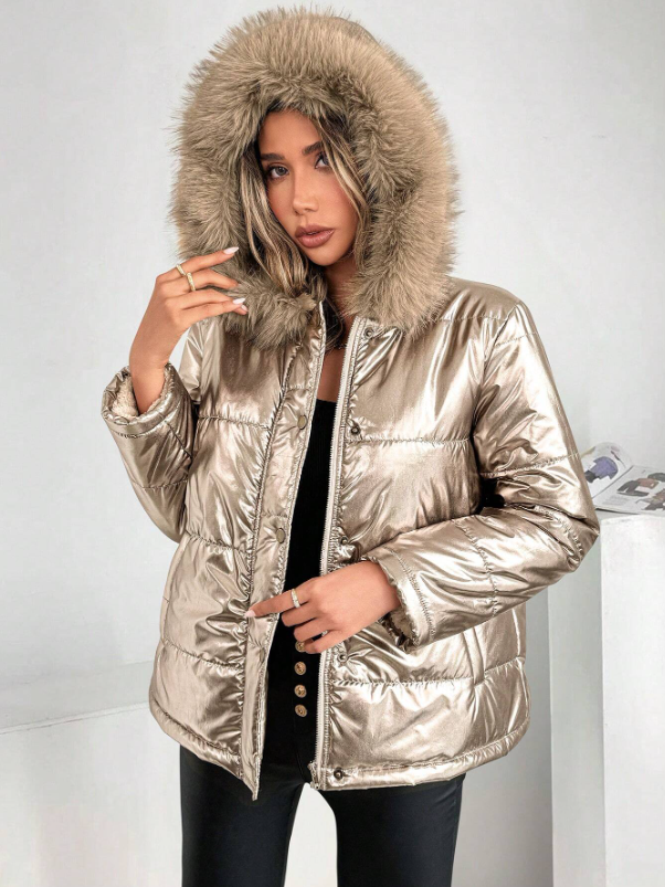 Women's Metallic Puffer Jacket with Hood and Fur Collar