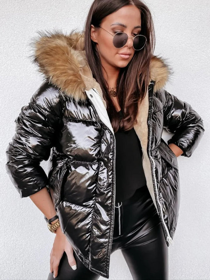 Women's Metallic Puffer Jacket with Hood and Fur Collar