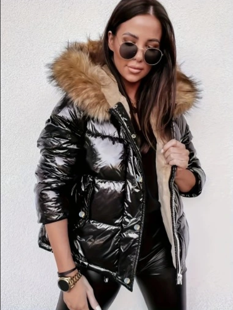 Women's Metallic Puffer Jacket with Hood and Fur Collar