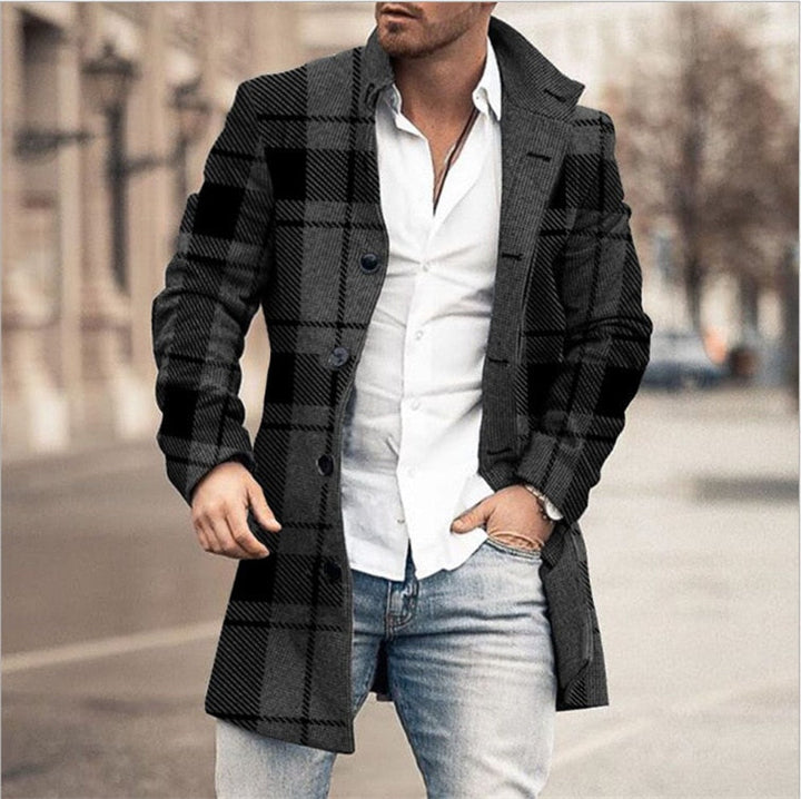 Men's Wool Coat with Check Pattern and Clear Silhouette