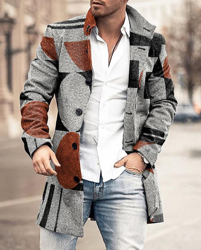 Men's Wool Coat with Check Pattern and Clear Silhouette