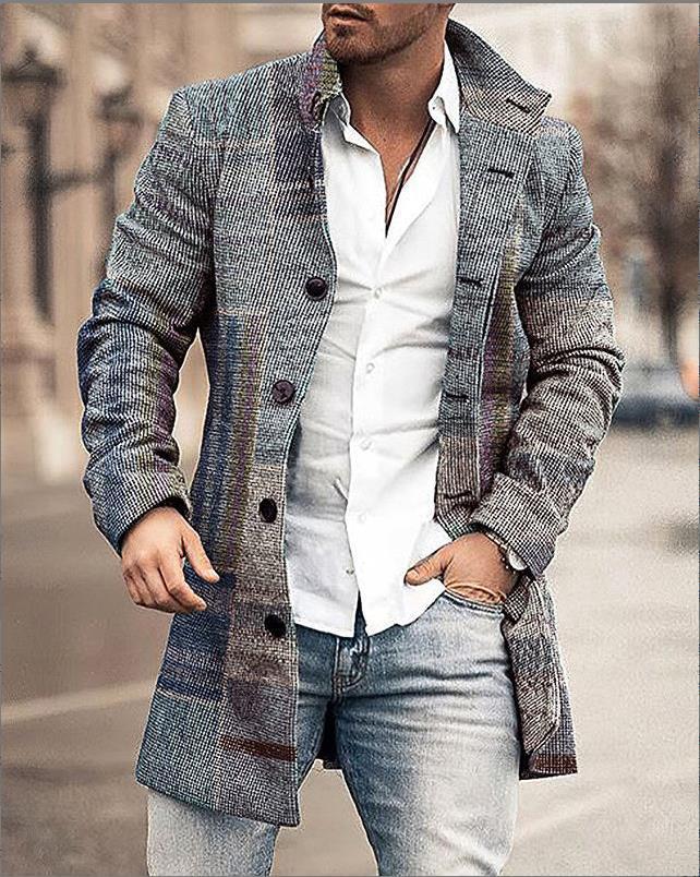 Men's Wool Coat with Check Pattern and Clear Silhouette