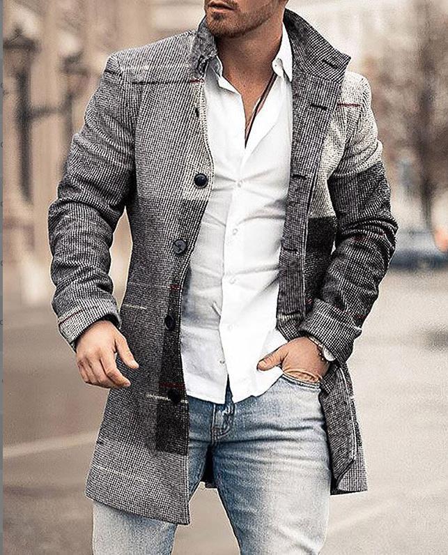 Men's Wool Coat with Check Pattern and Clear Silhouette