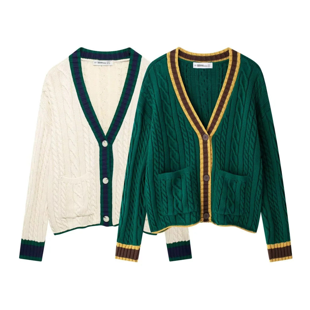 Women's Cable Knit Cardigan with V-neck, Patch Pockets and Contrast Edges