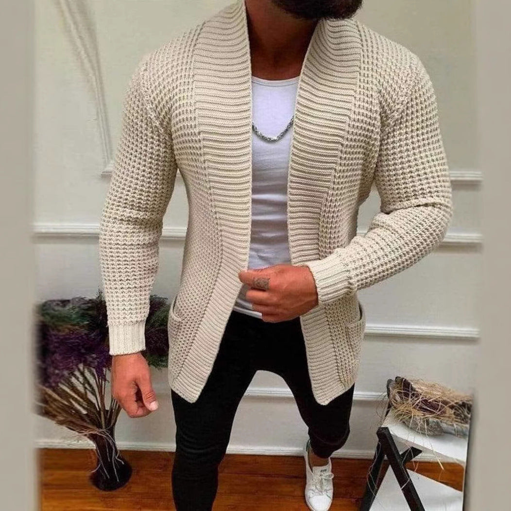 Men's Knitted Cardigan with Shawl Collar and Textured Waffle Pattern