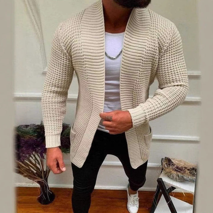 Men's Knitted Cardigan with Shawl Collar and Textured Waffle Pattern