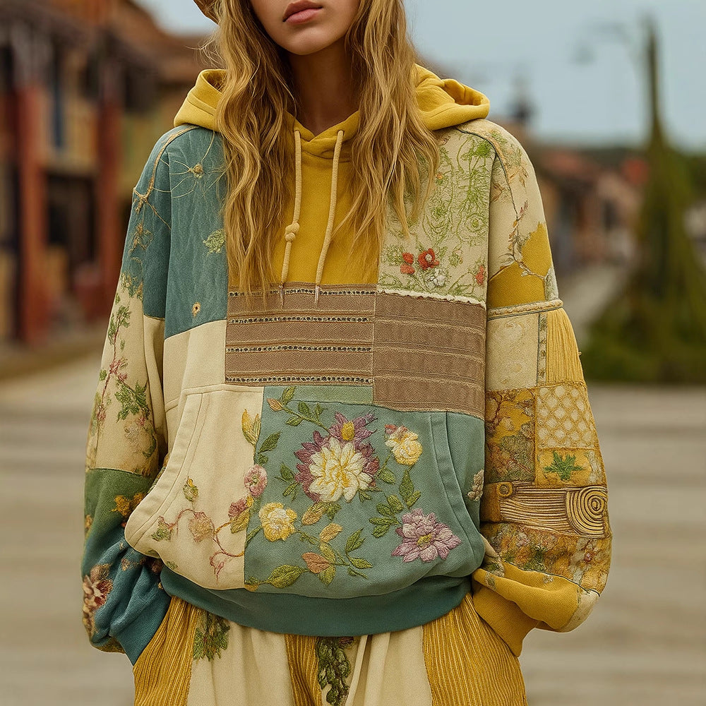 Women's Embroidered Patchwork Hoodie with Flower Applique and Kangaroo Pocket