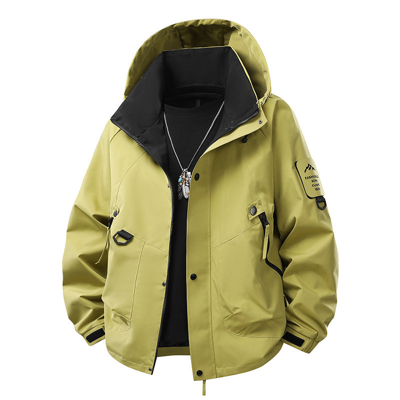 Men's Waterproof Outdoor Utility Rain Jacket with Hood, Multiple Pockets and Adjustable Hem