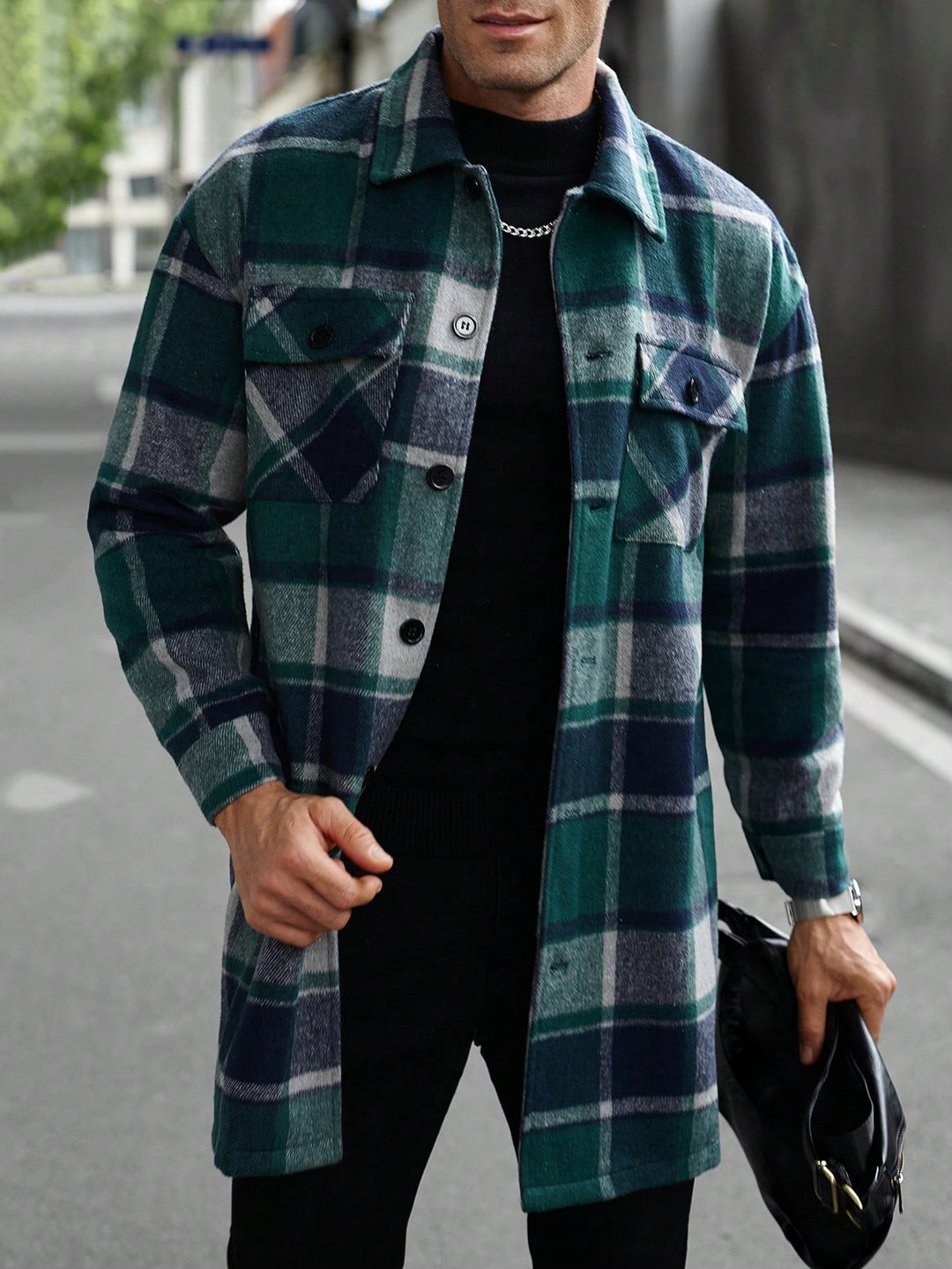 Men's Checked Longline Overshirt with Patch Chest Pockets and Button Placket