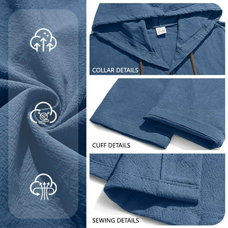Men's Textured Linen Blend Hooded Shirt with Button Placket, Wood Buttons, and Side Slits