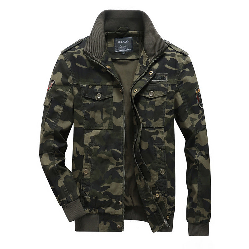 Men's Camouflage Utility-Style Field Jacket with Ribbed Cuffs and Shoulder Flaps