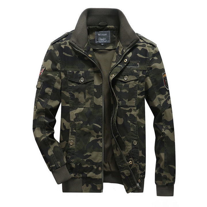 Men's Camouflage Utility-Style Field Jacket with Ribbed Cuffs and Shoulder Flaps