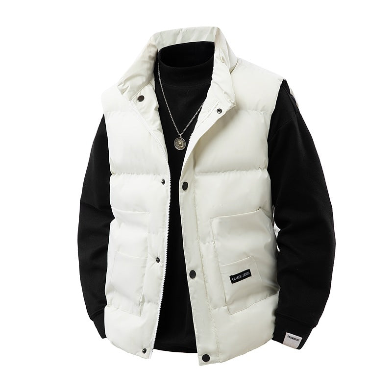 Men's Thermo Quilted Vest with High Collar Trim, Snap Button Front & Mounted Utility Pockets