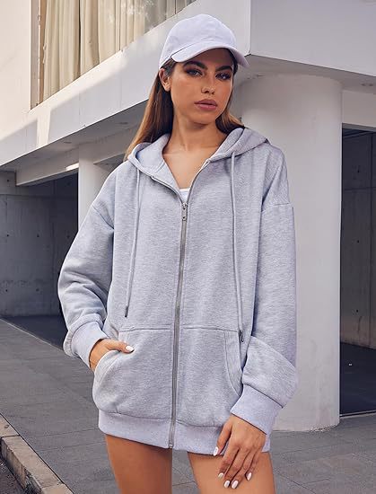 Women's Oversized Zip Hoodie with Contrasting Zipper, Double-layered Hood and Kangaroo Pocket