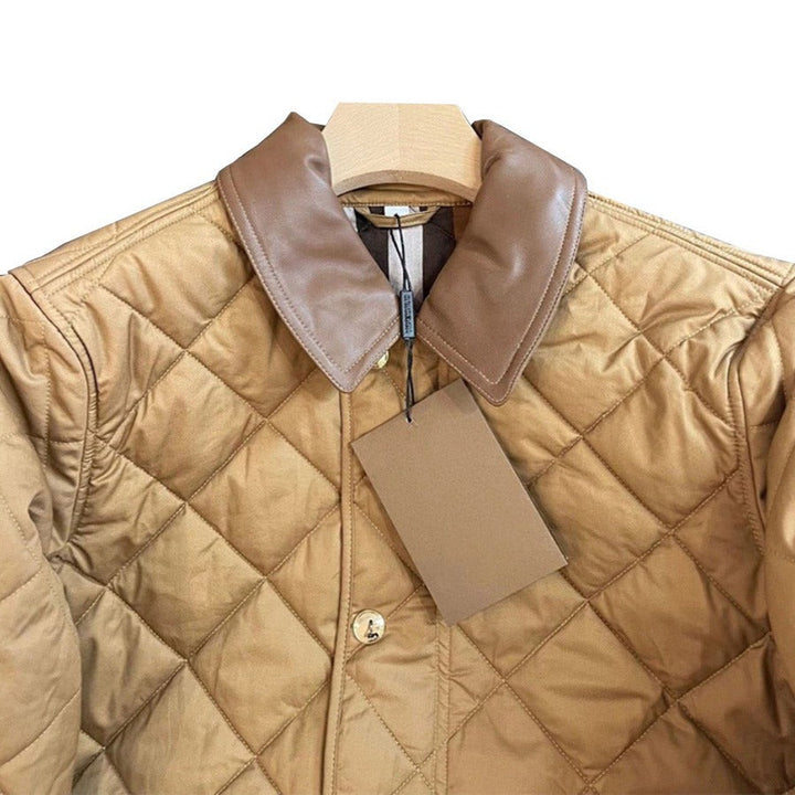 Women's Quilted Transitional Jacket with Leather Collar and Snap Button Closure