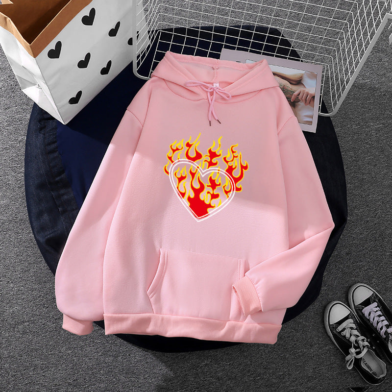 Women Light Oversized Hoodie with Heart EKG Motif, Long Cords and Elastic Cuff
