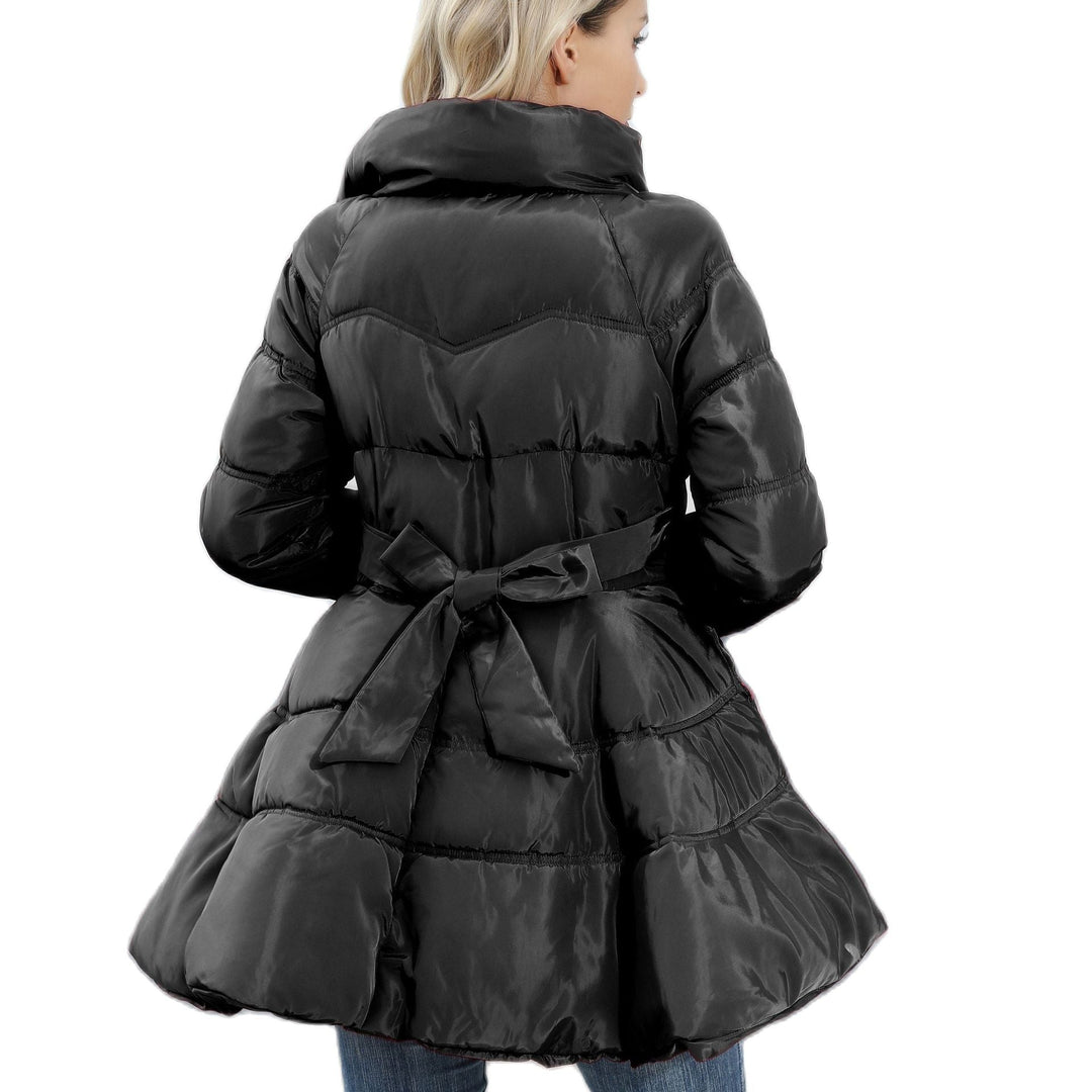 Women's Padded Quilted Coat with Flared Peplum and Stand-Up Collar