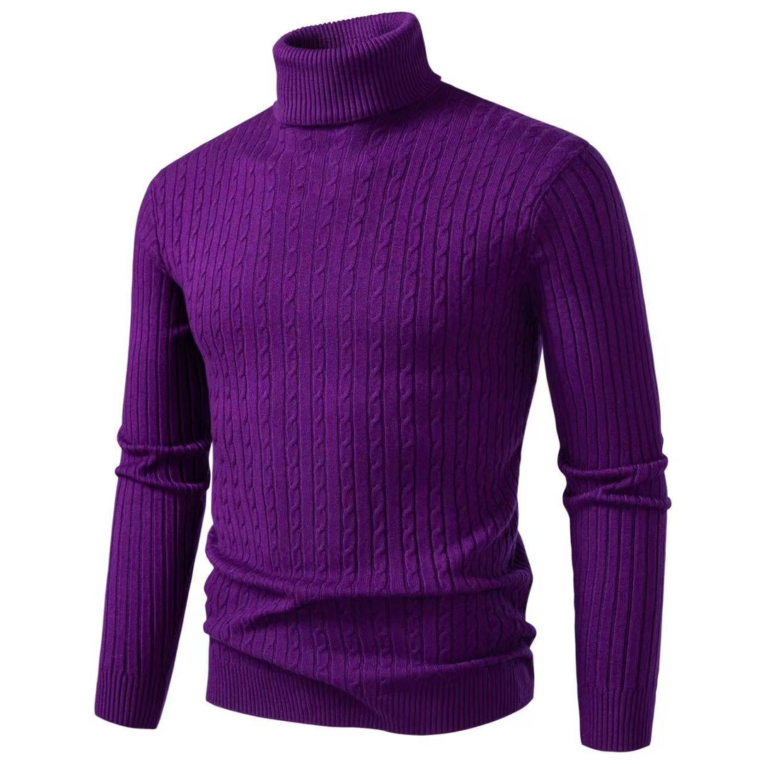 Men's Ribbed Turtleneck Sweater with Cable Knit Pattern and Form-fitting Slim-fit Silhouette