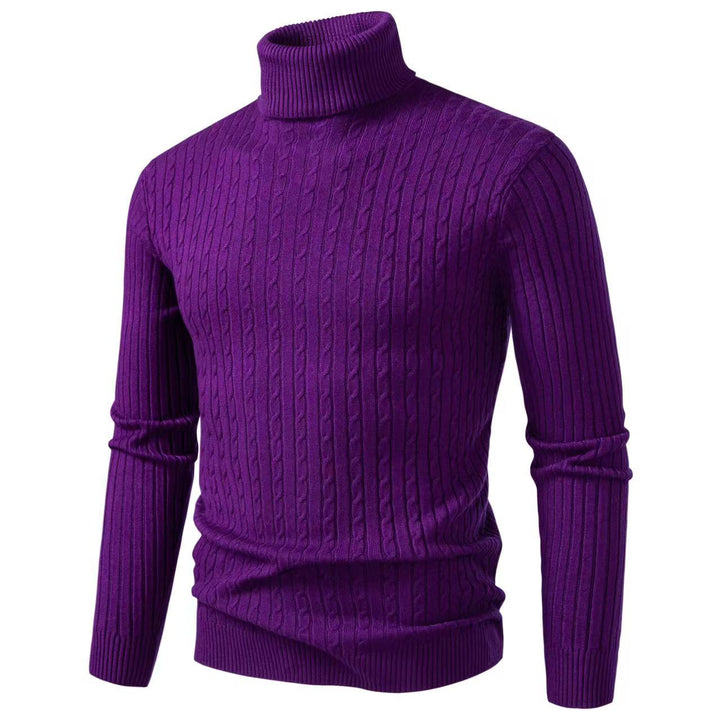 Men's Ribbed Turtleneck Sweater with Cable Knit Pattern and Form-fitting Slim-fit Silhouette