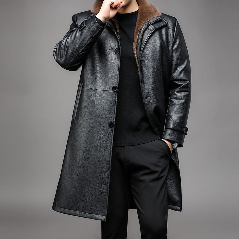 Men's Long Leather Coat with Removable Fur Collar and Thermal Lining
