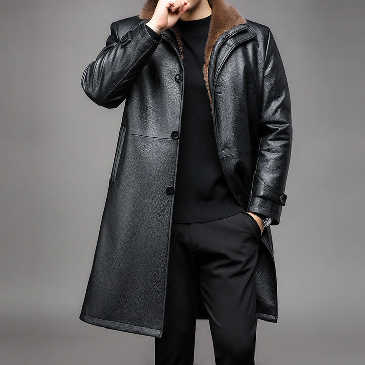 Men's Long Leather Coat with Removable Fur Collar and Thermal Lining