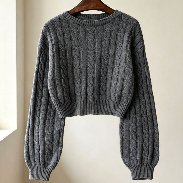 Women Cropped Cable Knit Sweater with Boxy Silhouette and Balloon Sleeves