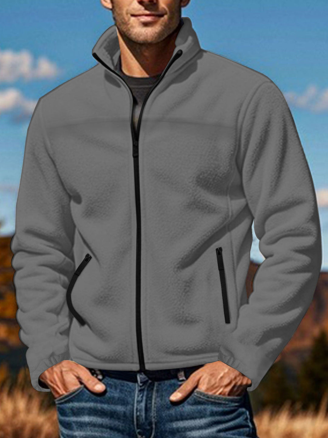 Men's Fleece Jacket with Zipper, Stand-up Collar and Zip Pockets