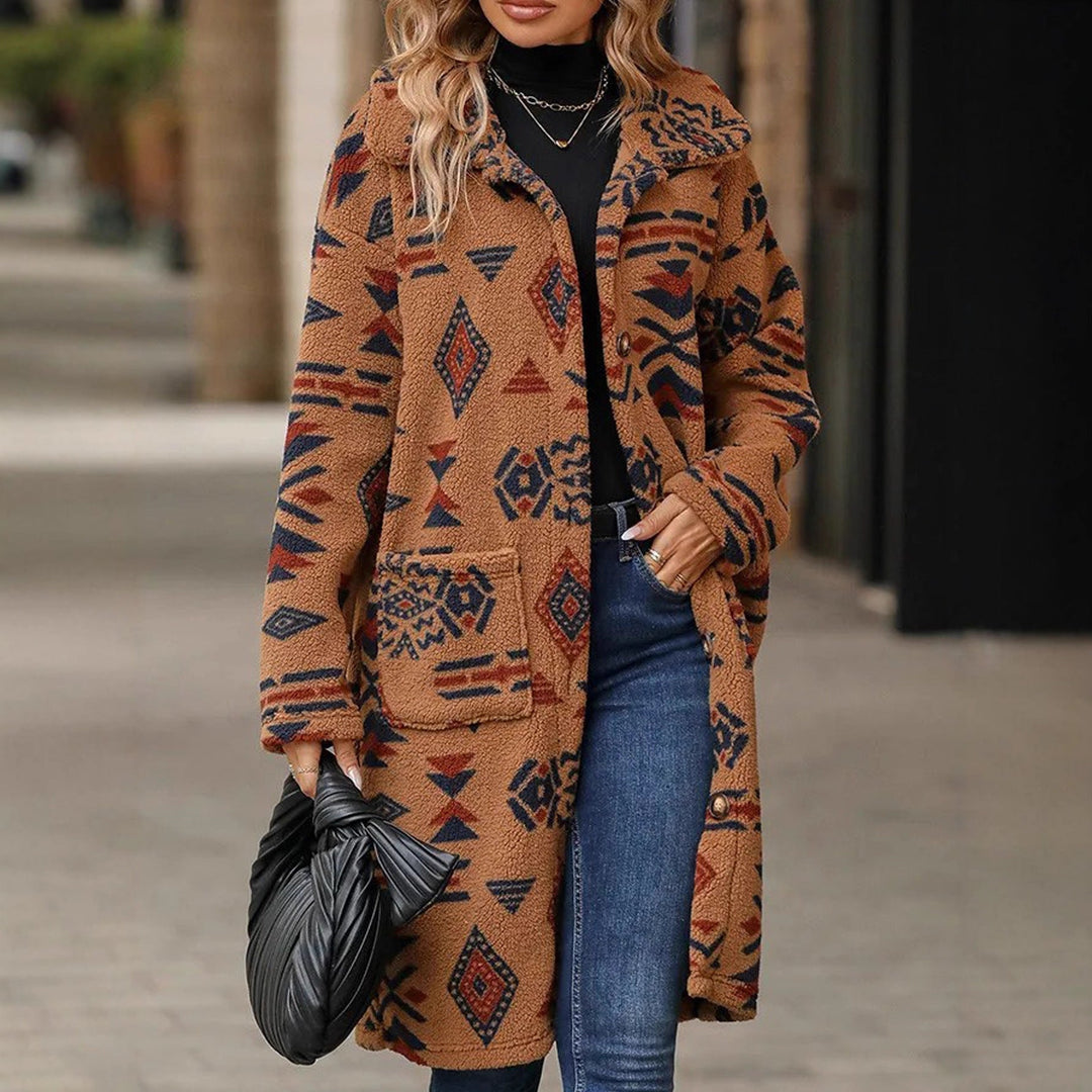 Women Teddy Coat with Aztec Pattern, Button Placket and Patch Pockets