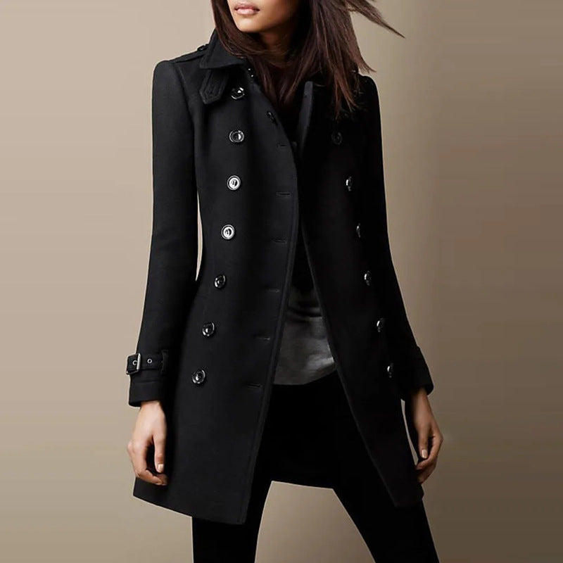 Women's Tailored Double-breasted Wool Coat with Belt Cuffs