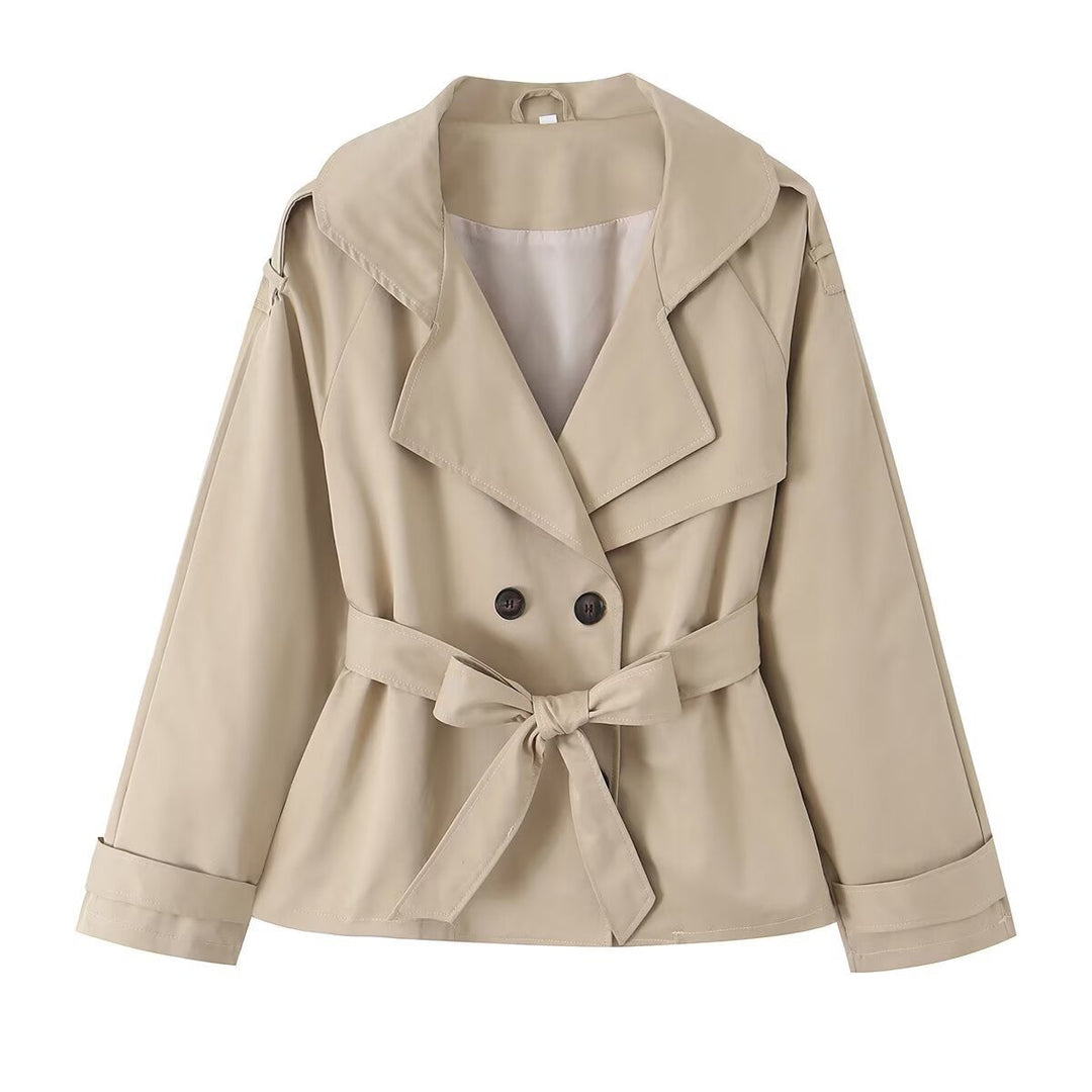Women Lightweight Cropped Trench with Overlapping Shawl Collar and Waist Tie Belt