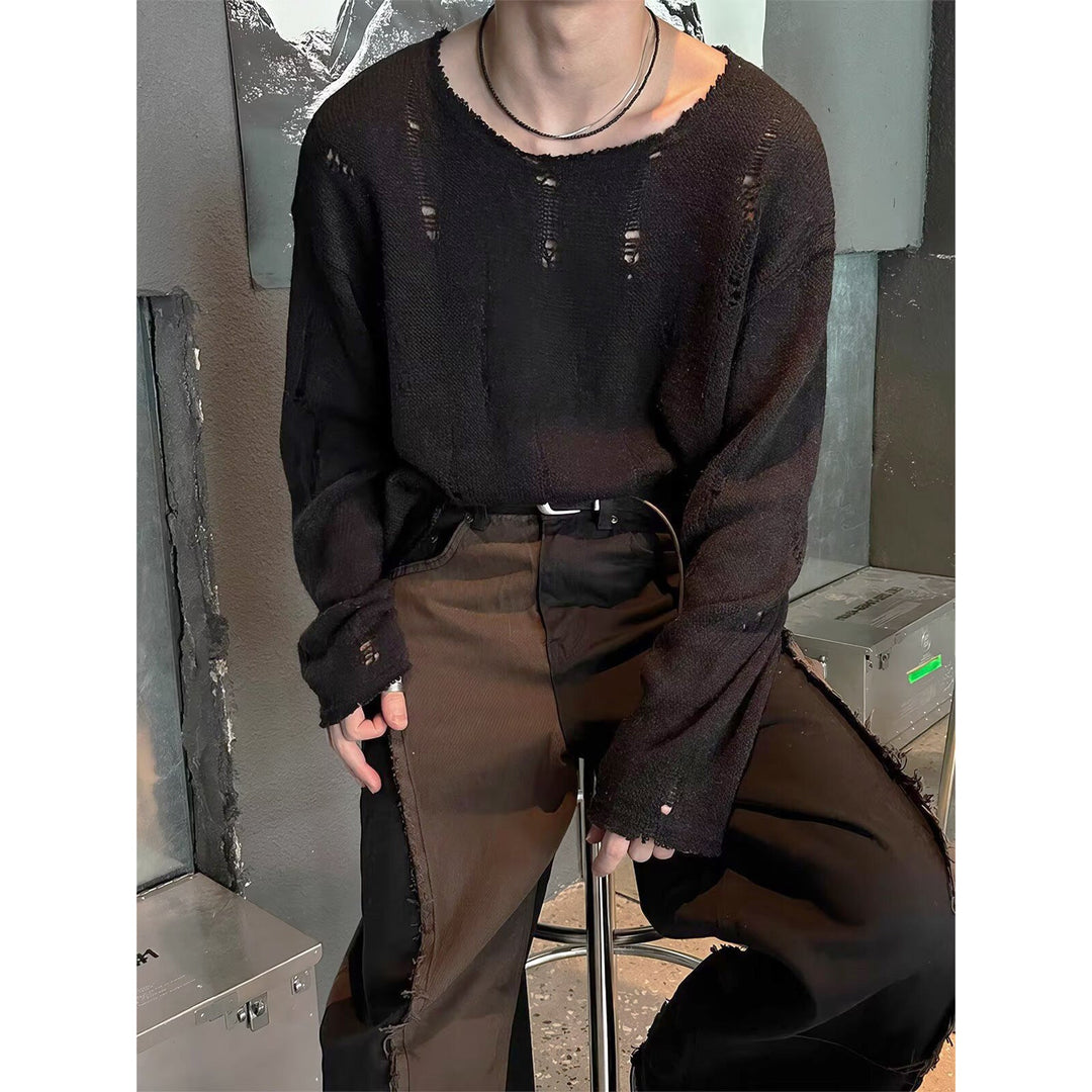 Men's Casual, Oversized Knit Sweater with Distressed Details