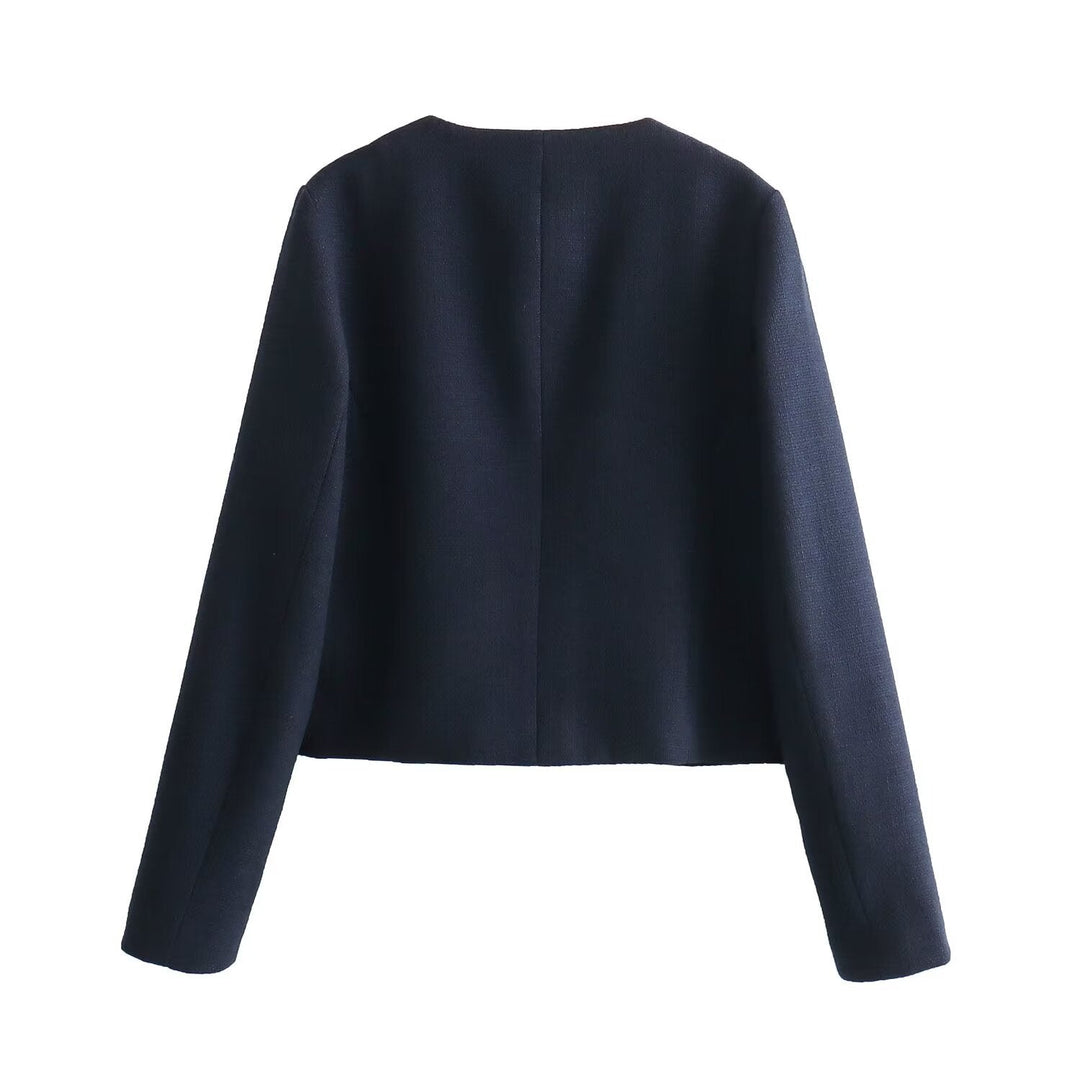 Women's Short-cut Bouclé Tweed Jacket with Round Neckline Decorative Button Details and Attached Flap Pockets