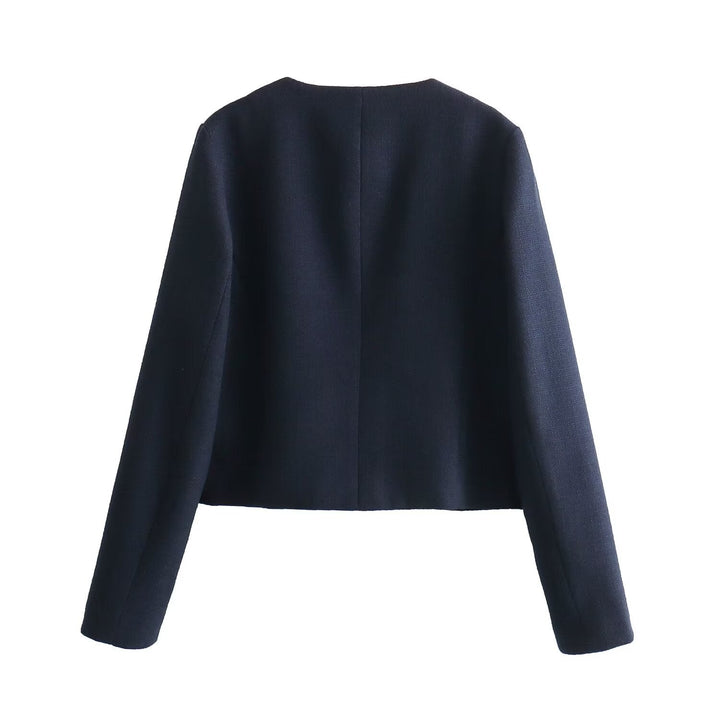 Women's Short-cut Bouclé Tweed Jacket with Round Neckline Decorative Button Details and Attached Flap Pockets